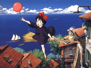 Girl flying red balloon cat - ghibli free wallpaper