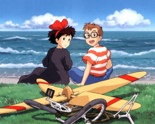 Boy girl plane grass ocean - a boy and a girl free wallpaper