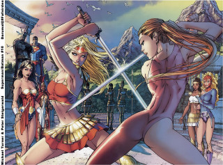 Cartoon women swords man suit - a cartoon of a group free wallpaper