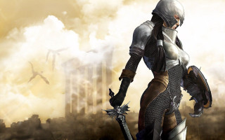 Man suit helmet sword cityscape - dark soul free wallpaper