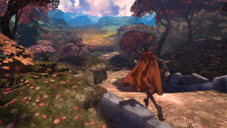 Woman red cape forest path - volumetric lighting free wallpaper