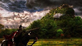 Man riding horse sword field - a castle in the background free wallpaper for desktop