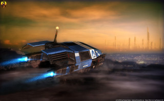 Futuristic vehicle blue light flying - the air in front free wallpaper