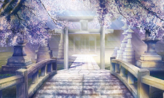 Walkway bridge blooming trees building - the background and a building in the background free wallpaper