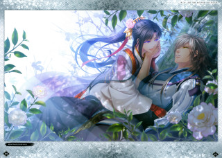 Anime couple forest flowers leaves - beautiful scene free wallpaper