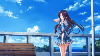 Girl bench short dress blue - cloud and trees free wallpaper