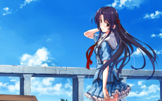 Girl bridge schooluniform longhair blue - her arm behind her back free wallpaper