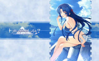 Anime girl sitting on ledge - a sky background behind her free wallpaper