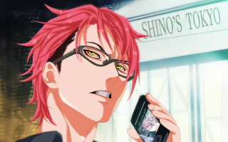 Man pink hair glasses holding - a cell phone in front free wallpaper for desktop