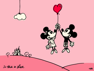 Mickey mouse couple heart balloon - a castle in the background free wallpaper