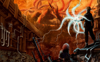 Man standing rubble demon city - eldritch free wallpaper