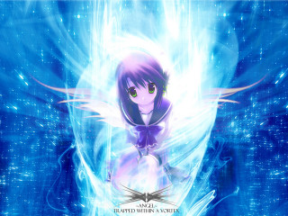 Purple hair angel wings blue - anime visual free wallpaper