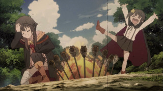 Anime characters wall trees clouds - official art free wallpaper for desktop