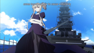 Woman long dress battleship sword - her hand and a caption free wallpaper