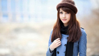 Woman blue coat hat scarf - chen lin free wallpaper