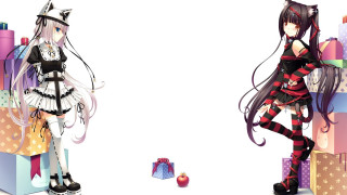 Anime characters presents white background - official art free wallpaper for desktop