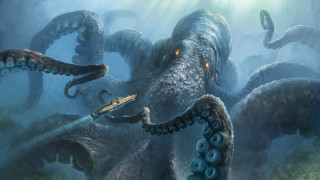 Octopus attacking squid painting mark - lovecraftian free wallpaper