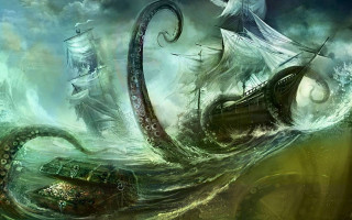 Giant octopus attacking ship ocean - lovecraftian free wallpaper