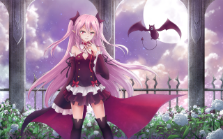 Girl purple dress bat flying - over her free wallpaper for desktop