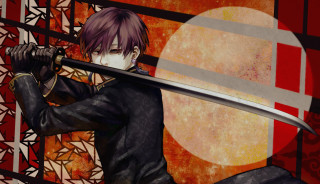 Man holding sword red background 2 - shin hanga free wallpaper for desktop