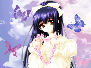 Purple hair white dress butterflies - a white dress holding free wallpaper