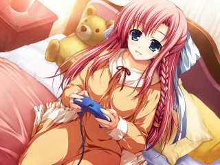 Girl pink hair bed teddy - a remote control free wallpaper