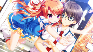 Anime couple hugging room window - a window behind them free wallpaper