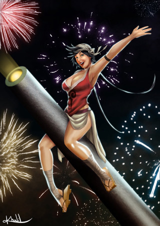 Woman flying giant pencil fireworks - free new year wallpaper for mobile