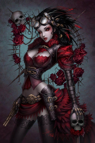 Woman red corset skull knife - dark fantasy art free wallpaper for mobile
