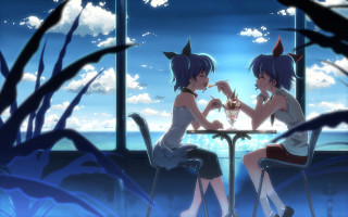 Anime girls eating food window - summer free wallpaper