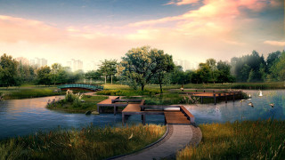 Park bridge bench pond ducks - cao buxing free wallpaper