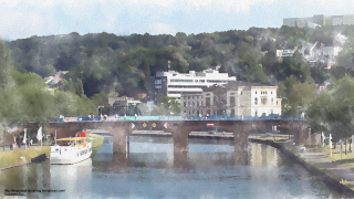Bridge river boat city painting - the water and a city in the background free wallpaper