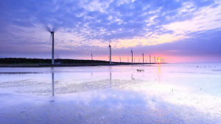 Beach bench windmills sunset blue - cui bai free wallpaper for desktop