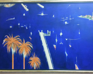 Harbor boats palm trees city - modern art deco free wallpaper