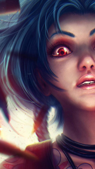 Blue hair red eyes black - artgerm free wallpaper for mobile
