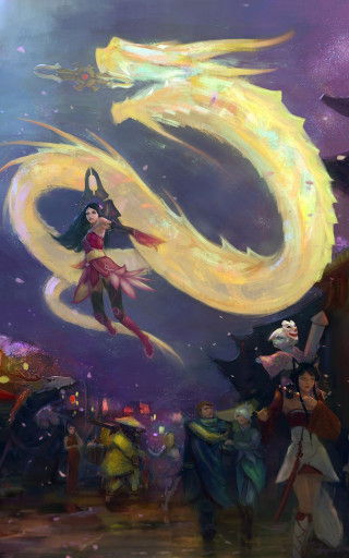 Woman flying yellow circle group - fantasy art free wallpaper for mobile