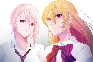 Anime girls blonde hair red 3 - their face free wallpaper for desktop