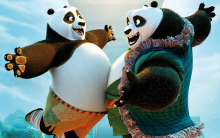 Pandas dancing cartoon sky background - a cartoon scene free wallpaper