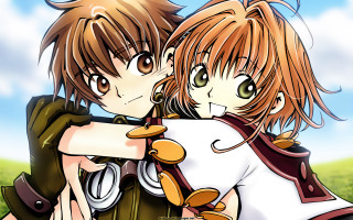 Anime characters hugging field grass - a sky background behind them free wallpaper