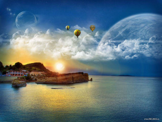 Sunset hotairballoons water town cliff - a painting of a sunset free wallpaper