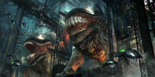 Man futuristic city giant snake - biopunk free wallpaper