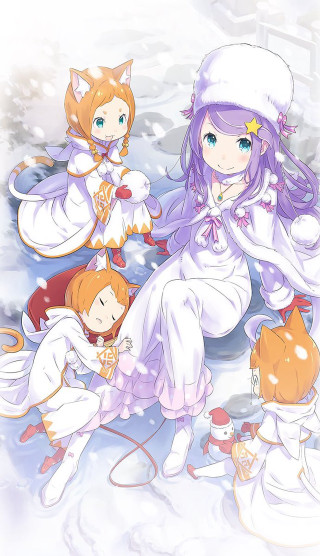 Anime girls snow cats lap - the snow together free wallpaper for mobile