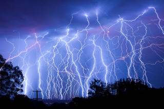 Lightning strikes night sky trees - shock art free wallpaper