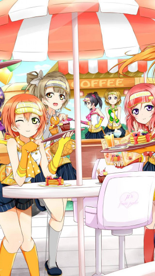 Anime girls table restaurant umbrella - a group of anime girls sitting free wallpaper for mobile