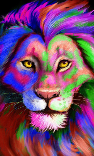 Colorful lion black background white - psychedelic art free wallpaper for mobile