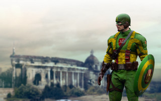 Man green yellow costume shield - costume holding free wallpaper