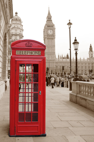 Red phone booth sidewalk clock - city background free wallpaper for mobile