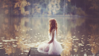 Woman white dress bench lake - river free wallpaper