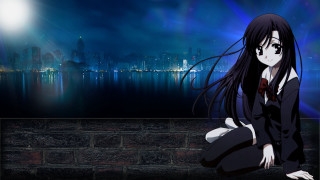 Girl brick wall city skyline - her long hair free wallpaper