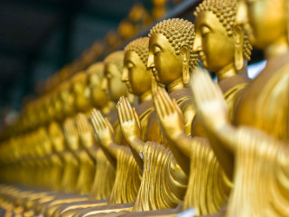 Golden buddha statues row table - a ceiling free wallpaper